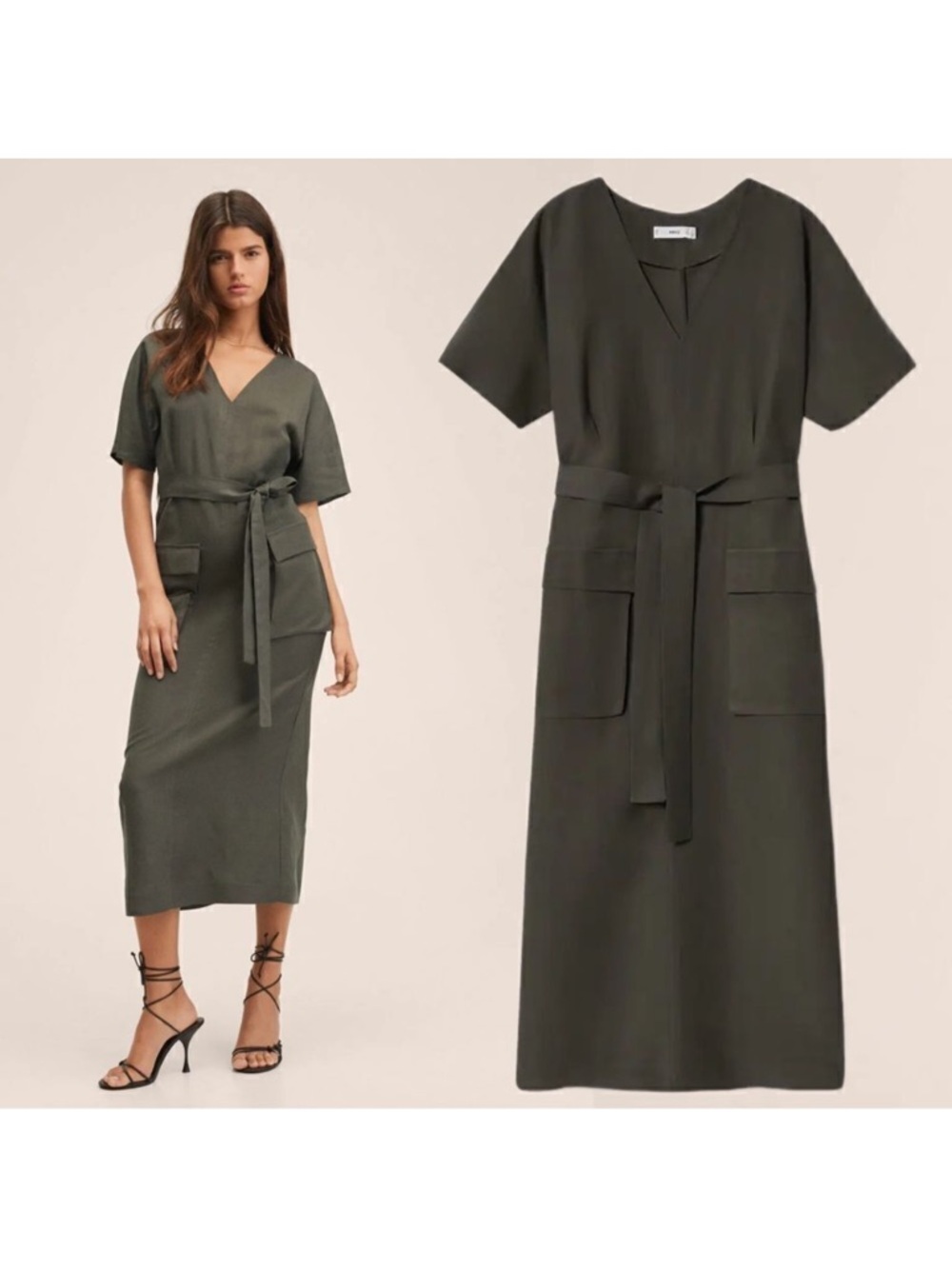 Mango Army Green Maxi Tie-Waist Dress - Picture 4 of 5
